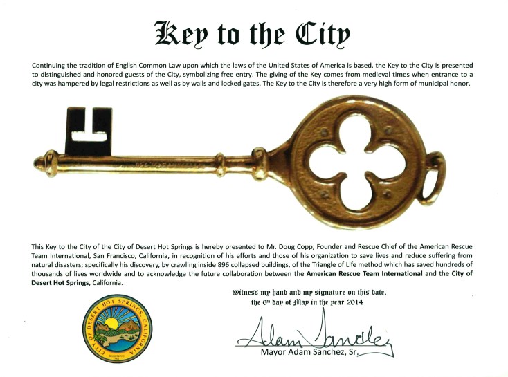 Doug Copp 'Keys to the City', for saving 250,000 lives, at disasters.