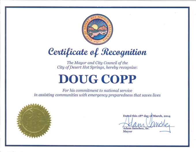 another of 2,000 thank you letters and awards received by Doug Copp for Humanitarian work.